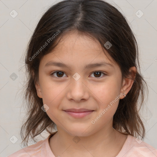 Joyful white child female with medium  brown hair and brown eyes