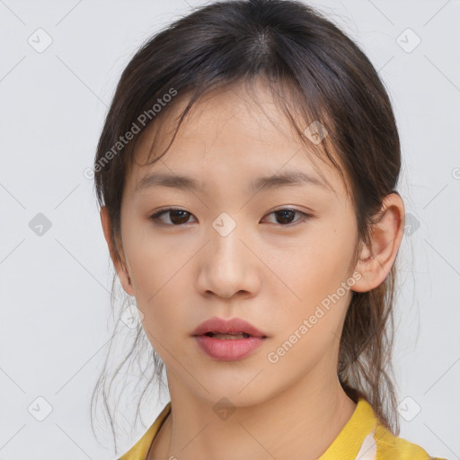 Neutral asian young-adult female with medium  brown hair and brown eyes