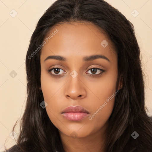 Neutral latino young-adult female with long  black hair and brown eyes