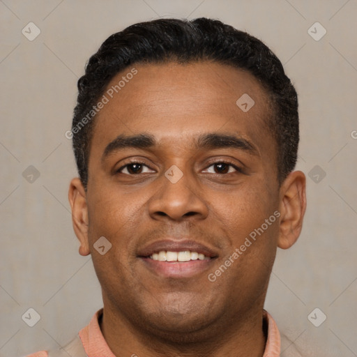 Joyful latino young-adult male with short  brown hair and brown eyes