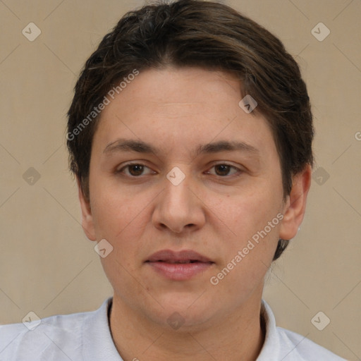 Joyful white adult female with short  brown hair and brown eyes