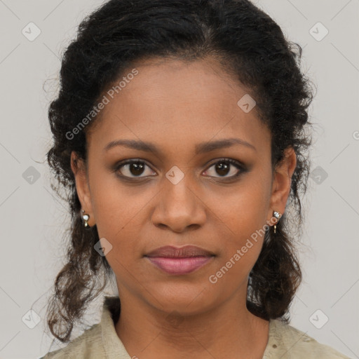 Joyful black young-adult female with long  brown hair and brown eyes
