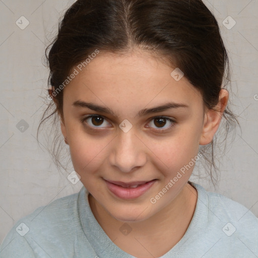 Joyful white child female with medium  brown hair and brown eyes