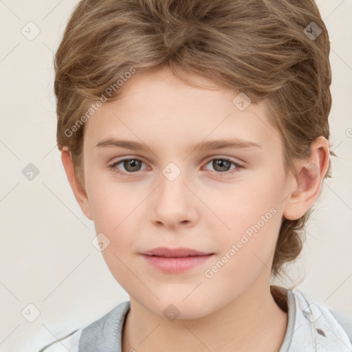 Joyful white child female with short  brown hair and brown eyes