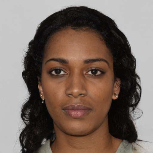 Neutral black young-adult female with long  black hair and brown eyes