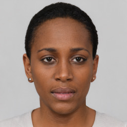 Neutral black young-adult female with short  black hair and brown eyes