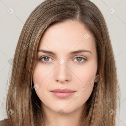 Neutral white young-adult female with long  brown hair and brown eyes