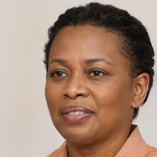 Joyful black adult female with short  brown hair and brown eyes