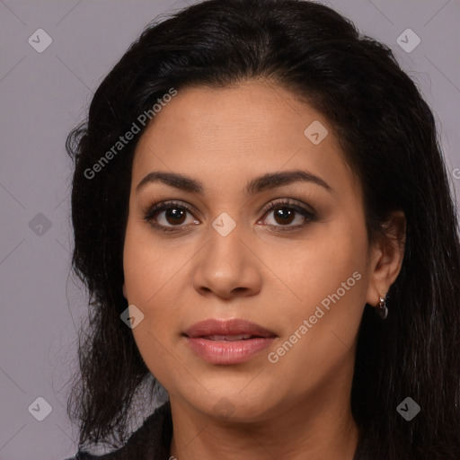 Joyful latino young-adult female with long  brown hair and brown eyes