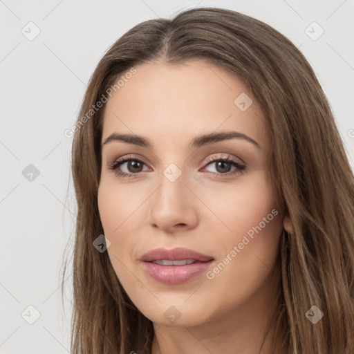 Neutral white young-adult female with long  brown hair and brown eyes