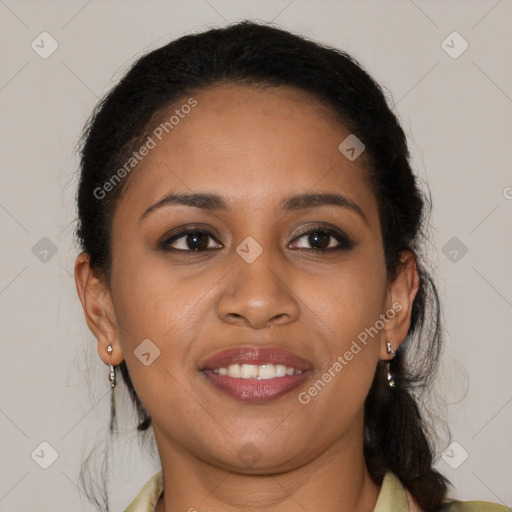 Joyful black young-adult female with medium  brown hair and brown eyes