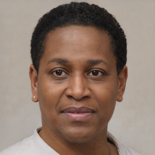 Joyful black adult female with short  black hair and brown eyes