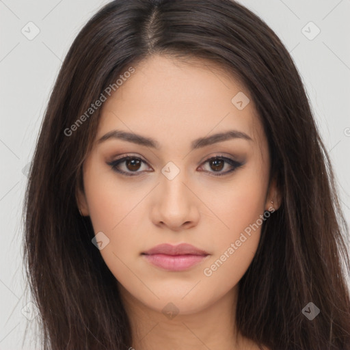 Neutral white young-adult female with long  brown hair and brown eyes