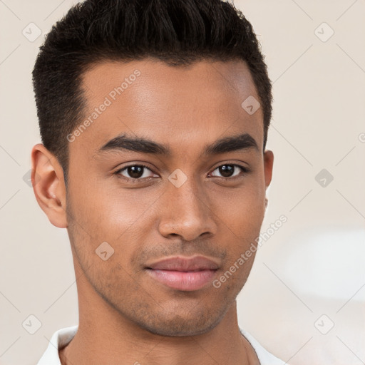 Neutral white young-adult male with short  brown hair and brown eyes