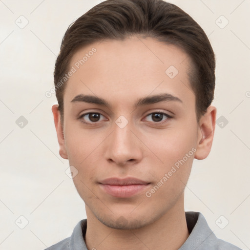 Neutral white young-adult male with short  brown hair and brown eyes