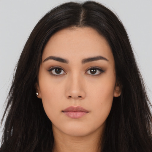 Neutral asian young-adult female with long  black hair and brown eyes