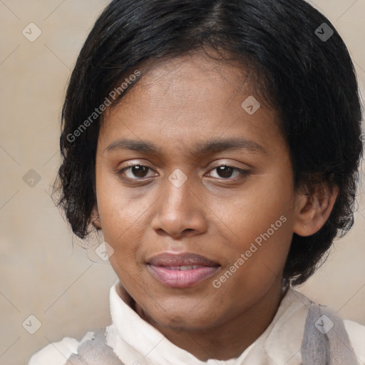 Joyful black young-adult female with medium  brown hair and brown eyes