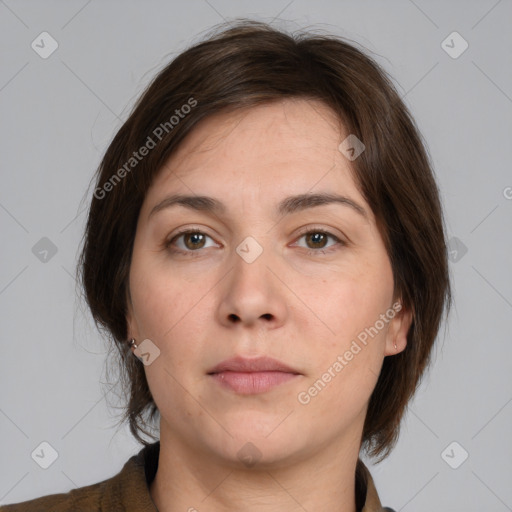 Neutral white young-adult female with medium  brown hair and brown eyes