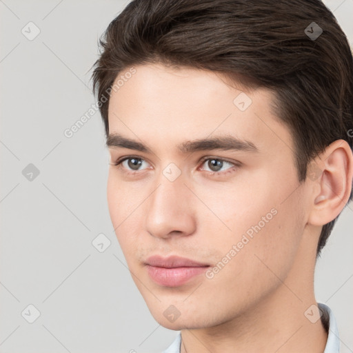 Neutral white young-adult male with short  brown hair and brown eyes