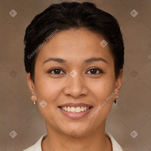 Joyful latino young-adult female with short  brown hair and brown eyes