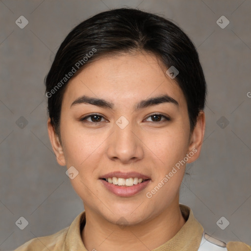 Joyful white young-adult female with medium  brown hair and brown eyes