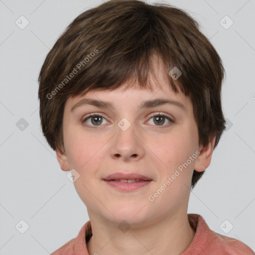 Neutral white young-adult female with short  brown hair and brown eyes