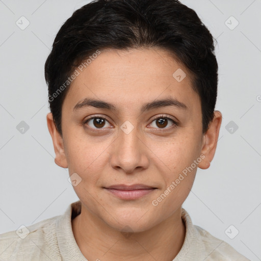 Joyful white young-adult female with short  brown hair and brown eyes