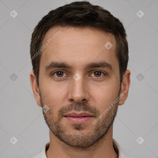 Neutral white young-adult male with short  brown hair and brown eyes