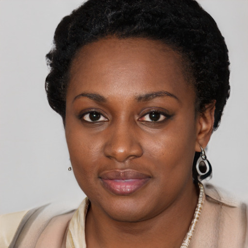 Neutral black young-adult female with short  black hair and brown eyes