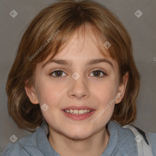 Joyful white child female with medium  brown hair and grey eyes