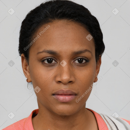 Neutral black young-adult female with short  black hair and brown eyes