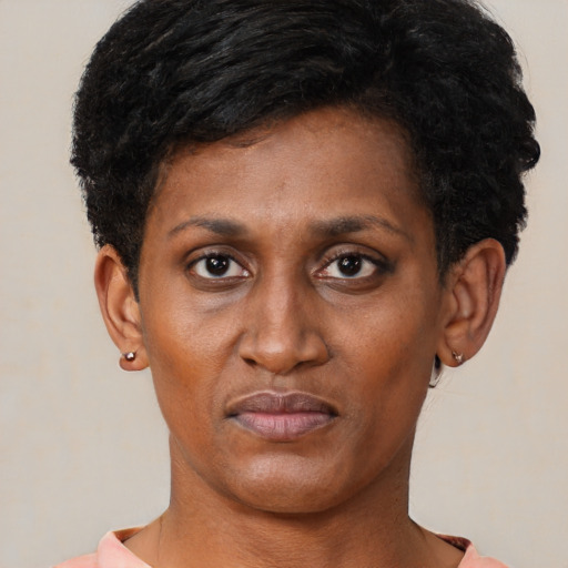 Neutral black young-adult female with short  black hair and brown eyes