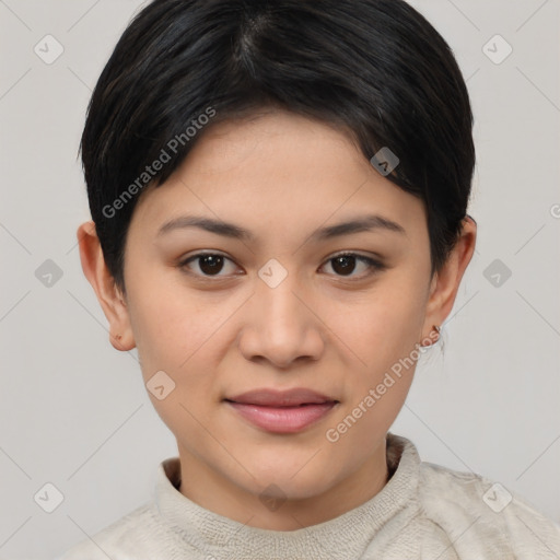 Joyful asian young-adult female with short  brown hair and brown eyes