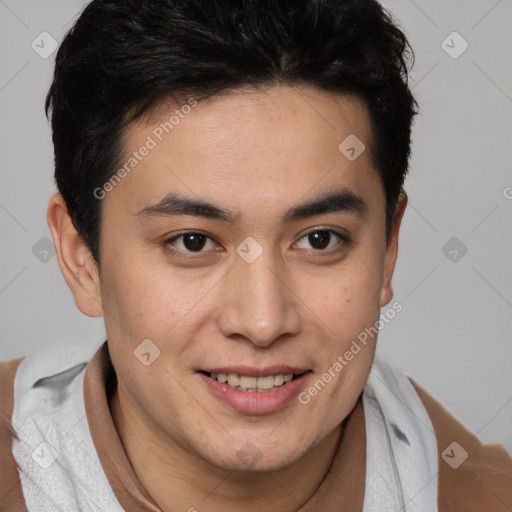 Joyful latino young-adult male with short  brown hair and brown eyes