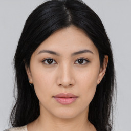 Neutral asian young-adult female with medium  black hair and brown eyes