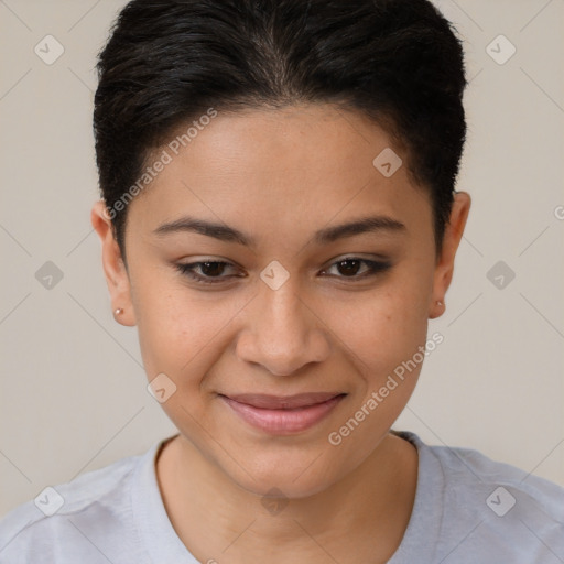 Joyful latino young-adult female with short  brown hair and brown eyes