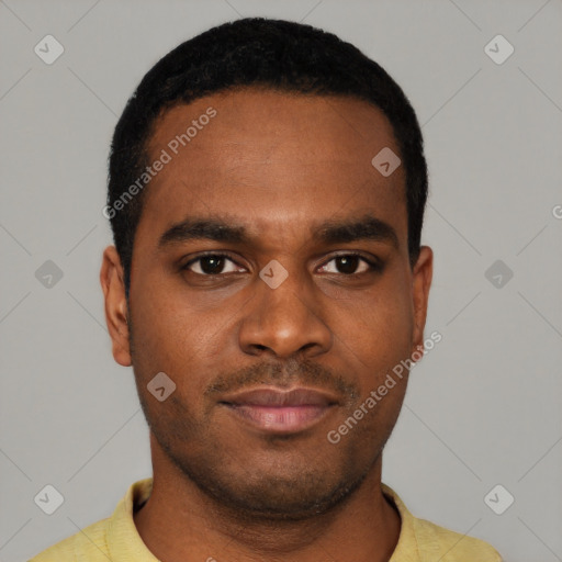 Neutral latino young-adult male with short  black hair and brown eyes