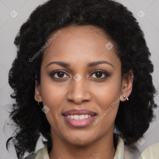 Joyful black young-adult female with medium  black hair and brown eyes