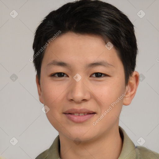 Joyful asian young-adult female with short  brown hair and brown eyes