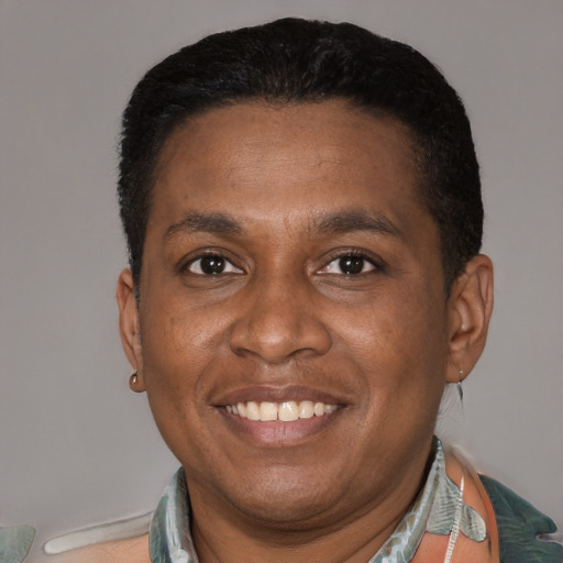 Joyful latino adult male with short  brown hair and brown eyes