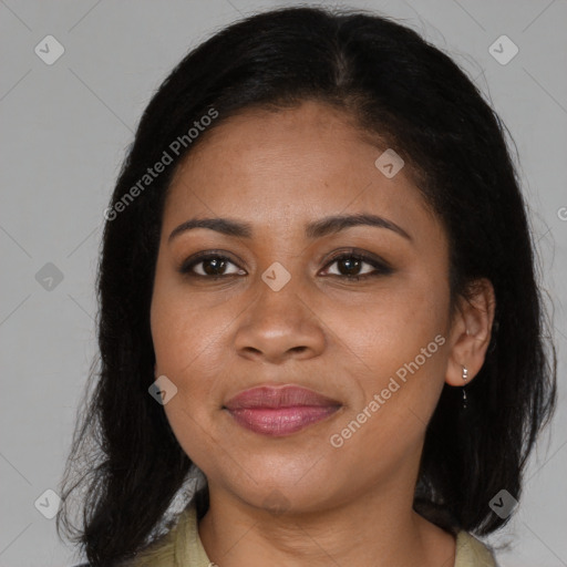 Joyful black young-adult female with medium  brown hair and brown eyes