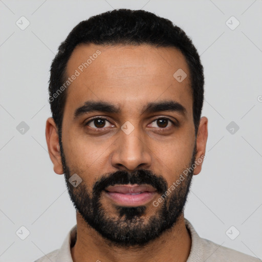 Neutral latino young-adult male with short  black hair and brown eyes