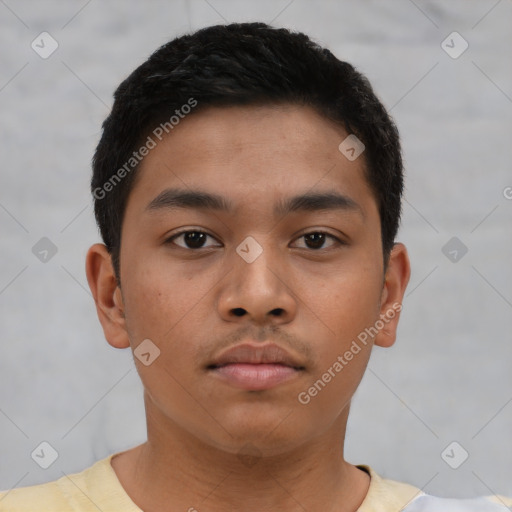 Neutral asian young-adult male with short  brown hair and brown eyes