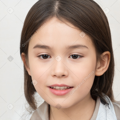 Joyful white child female with medium  brown hair and brown eyes