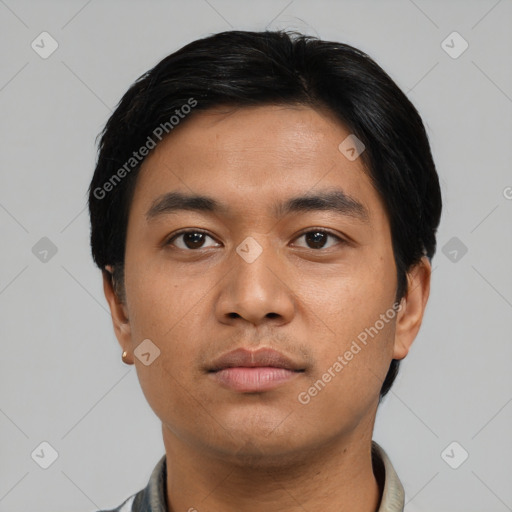 Neutral asian young-adult male with short  black hair and brown eyes