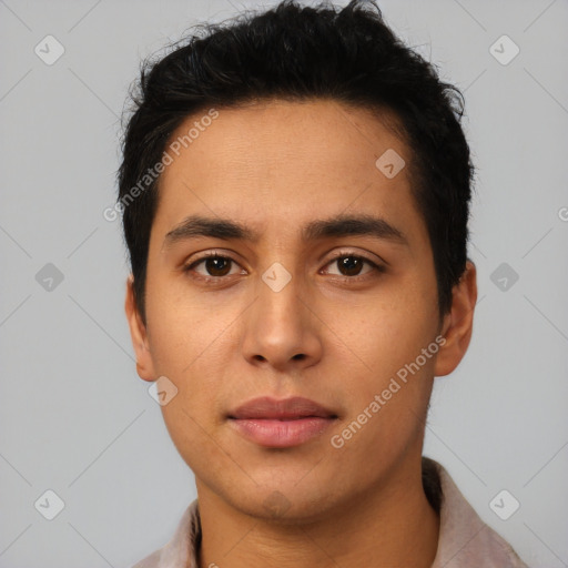 Neutral latino young-adult male with short  black hair and brown eyes