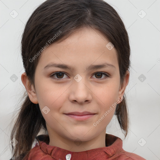 Joyful white child female with medium  brown hair and brown eyes