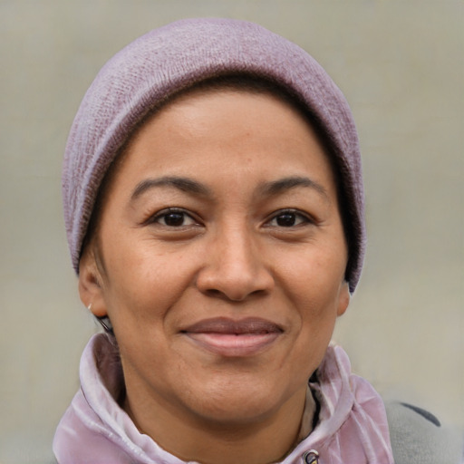 Joyful latino adult female with short  brown hair and brown eyes