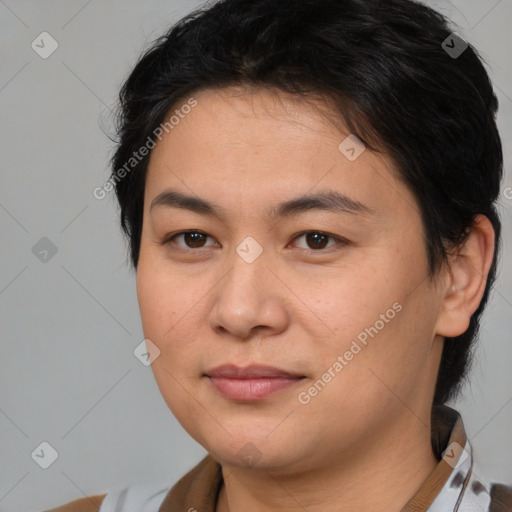 Joyful white young-adult female with medium  brown hair and brown eyes