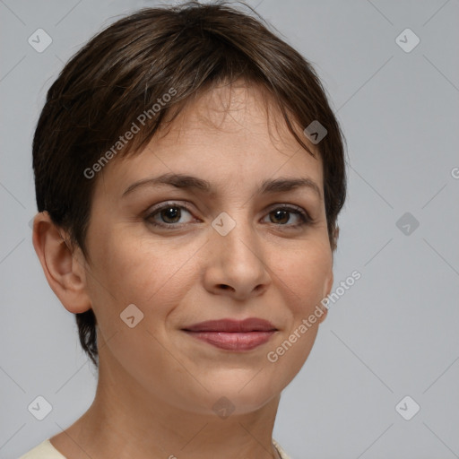 Joyful white young-adult female with short  brown hair and brown eyes